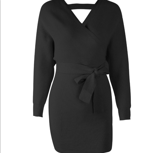 🆕🔥V Neck Tie Belt Sweater Dress Black - Picture 7 of 7